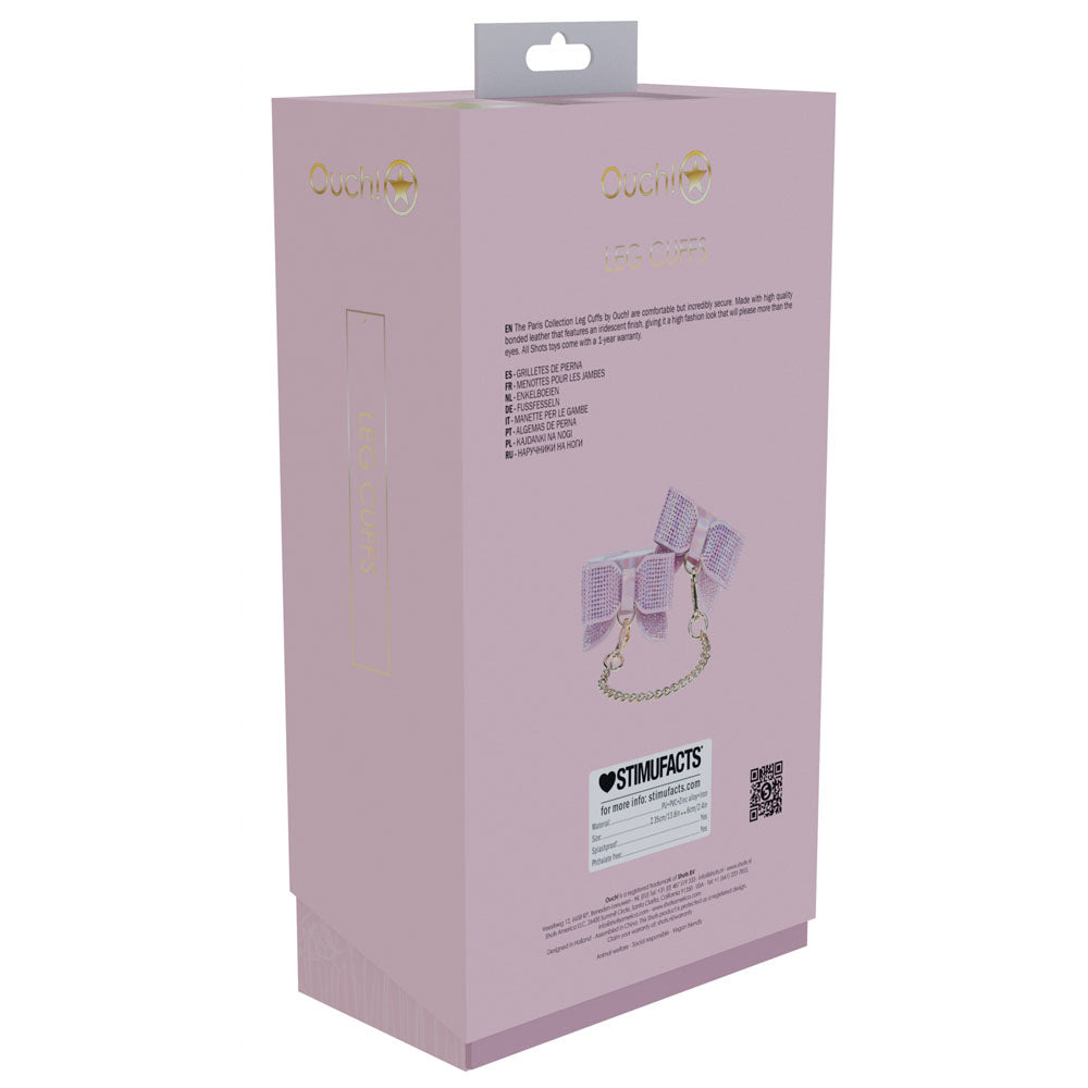 OUCH! Paris Collection - Leg Cuffs - Restraints packaging showcasing adjustable ankle cuffs with iridescent hardware.
