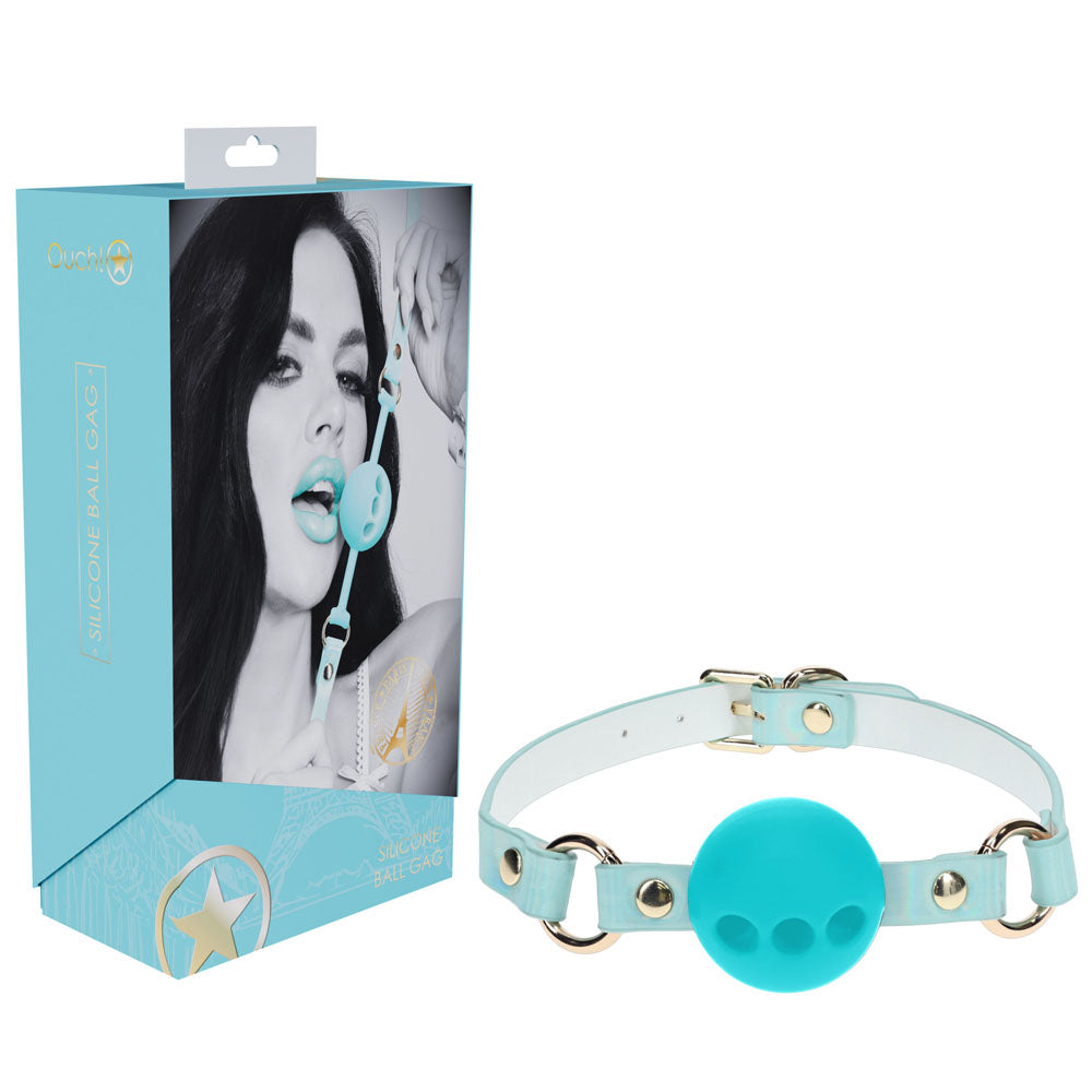 Breathable silicone ball gag from the OUCH! Paris Collection, featuring a vibrant blue design and adjustable straps.