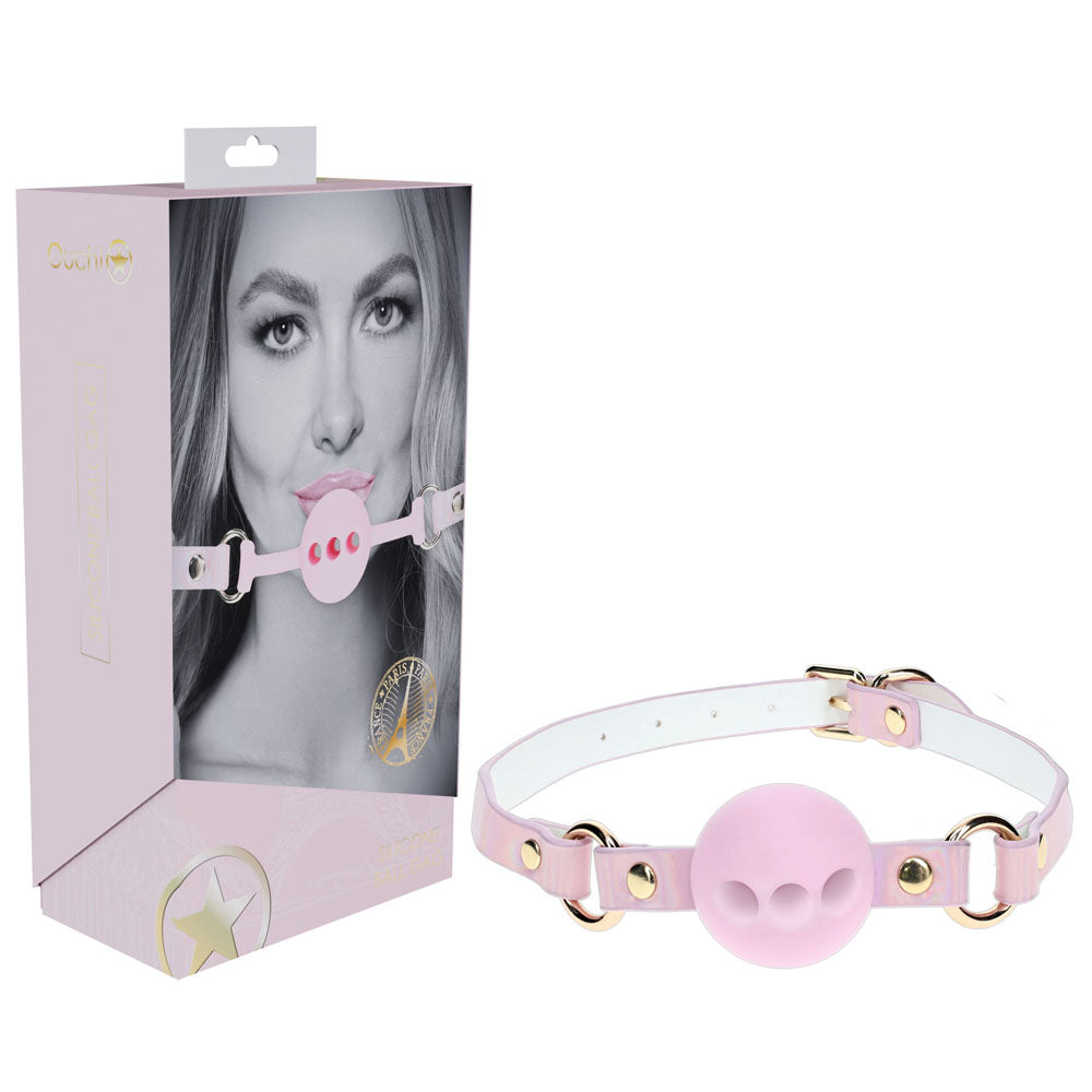 OUCH! Paris Collection breathable silicone ball gag with adjustable straps and stylish pink design.