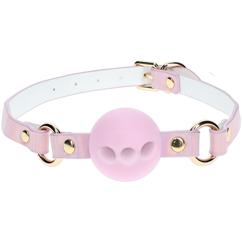 Breathable silicone ball gag with adjustable straps in a stylish pink design, perfect for playful restraint.