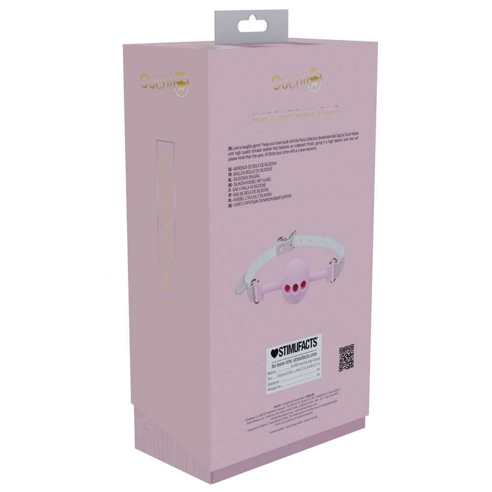 Ouch! Paris Collection silicone ball gag packaging showcasing its breathable silicone ball gag design.