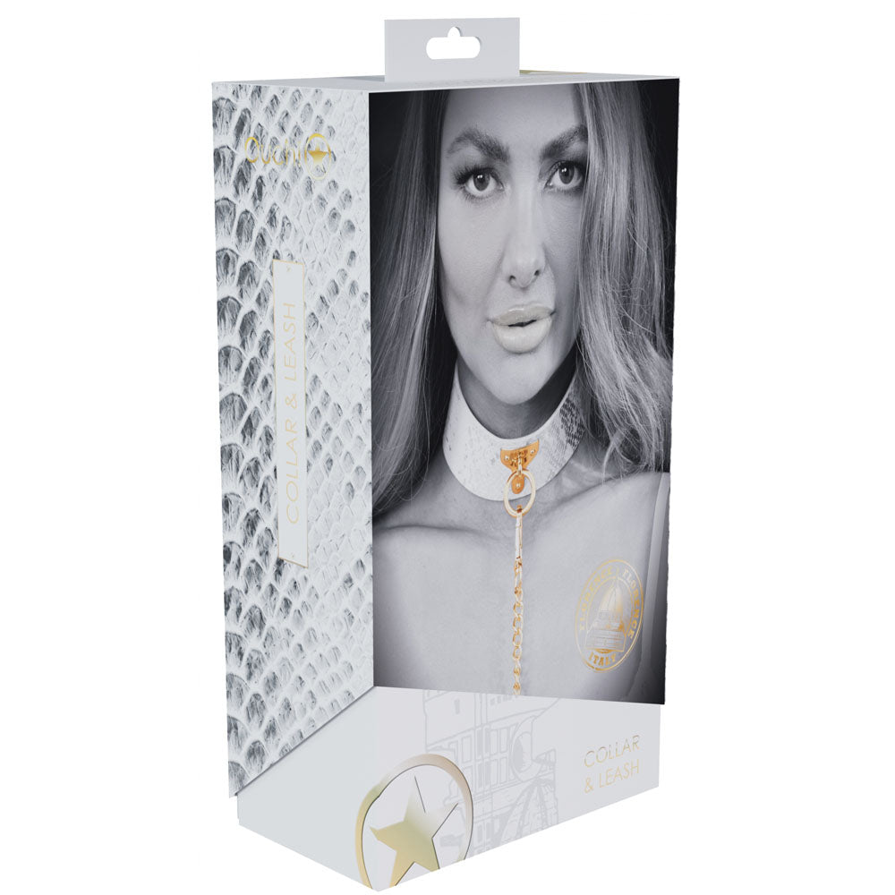 OUCH! Florence Collection - Collar with Leash - Restraint packaging featuring a model with a stylish collar.