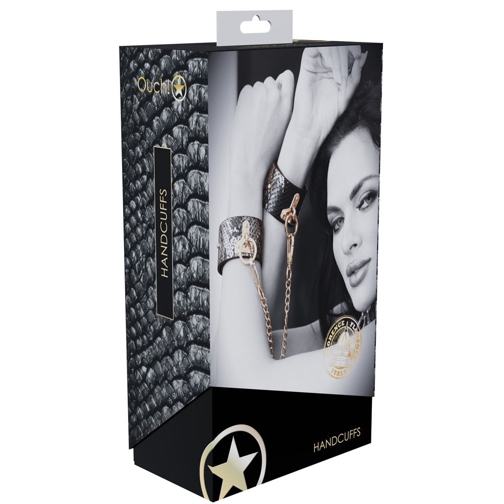 OUCH! Florence Collection - Handcuffs - Restraints packaging featuring comfortable leather cuffs with iridescent finish.