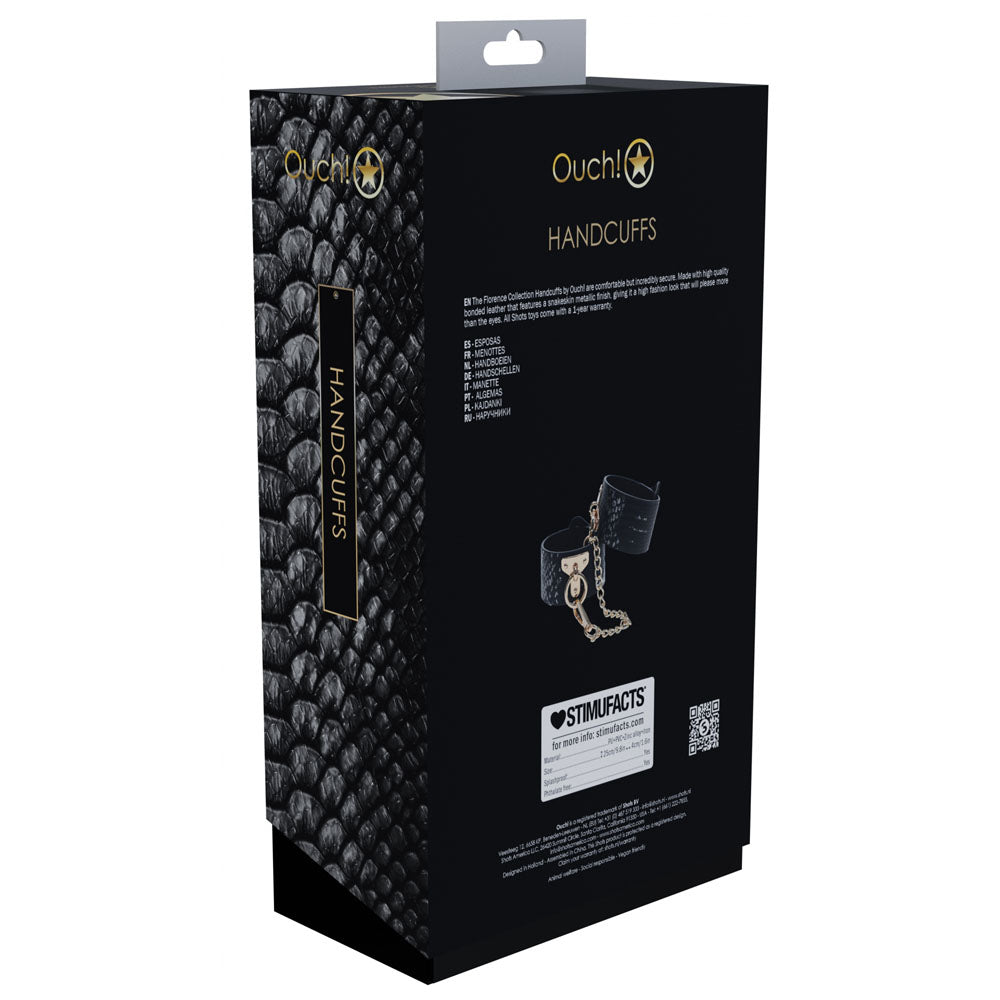 OUCH! Florence Collection - Handcuffs - Restraints packaging featuring high quality bonded leather and stylish design.