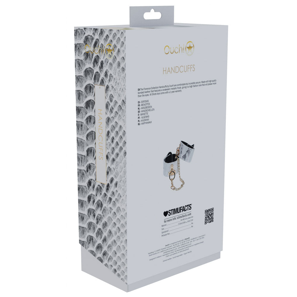 OUCH! Florence Collection - Handcuffs - Restraints packaging showcasing high fashion design and secure bonded leather materials.
