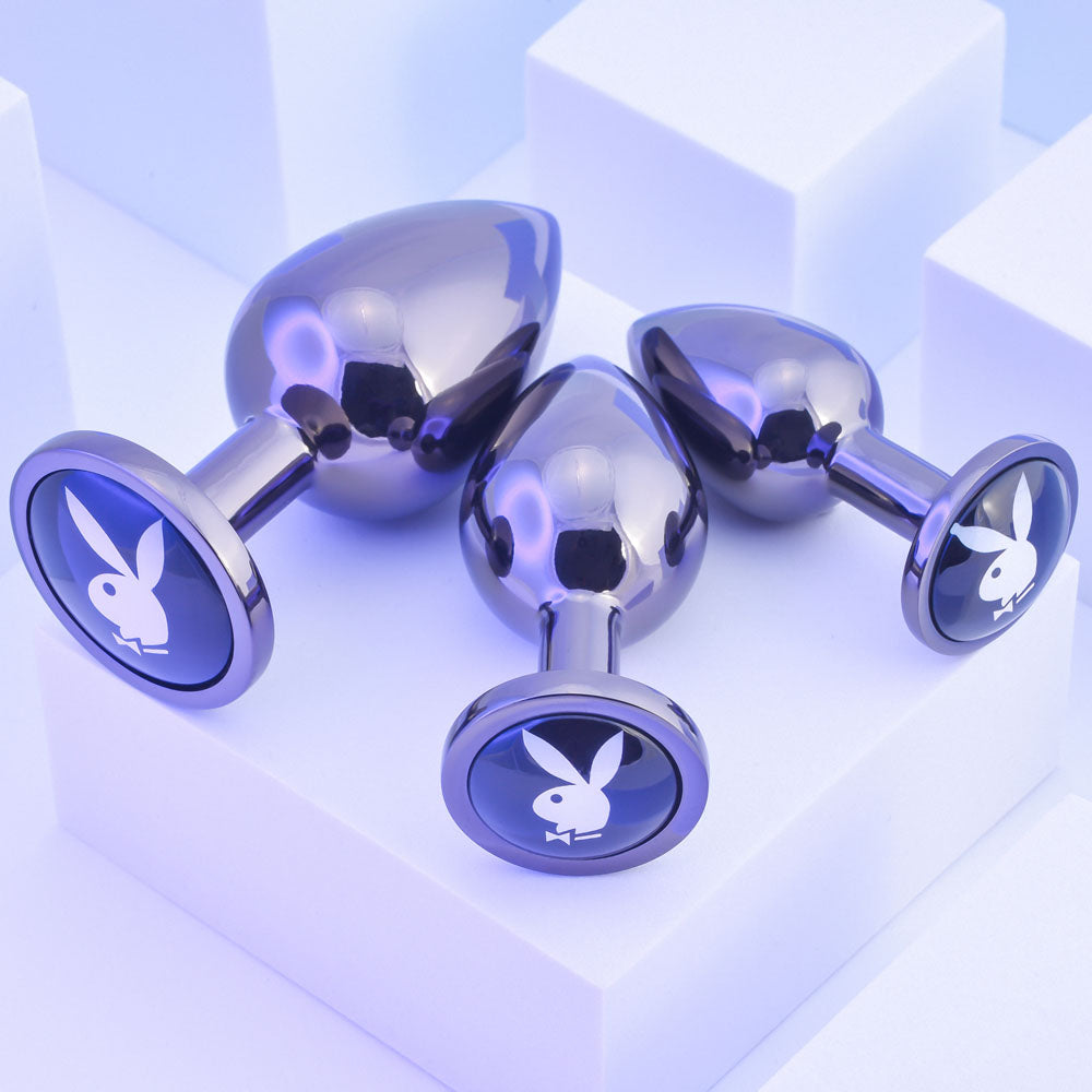 Playboy Pleasure PLEASURE 3 WAYS - Metal Butt Plugs - Set of 3 Sizes displayed on a white background.