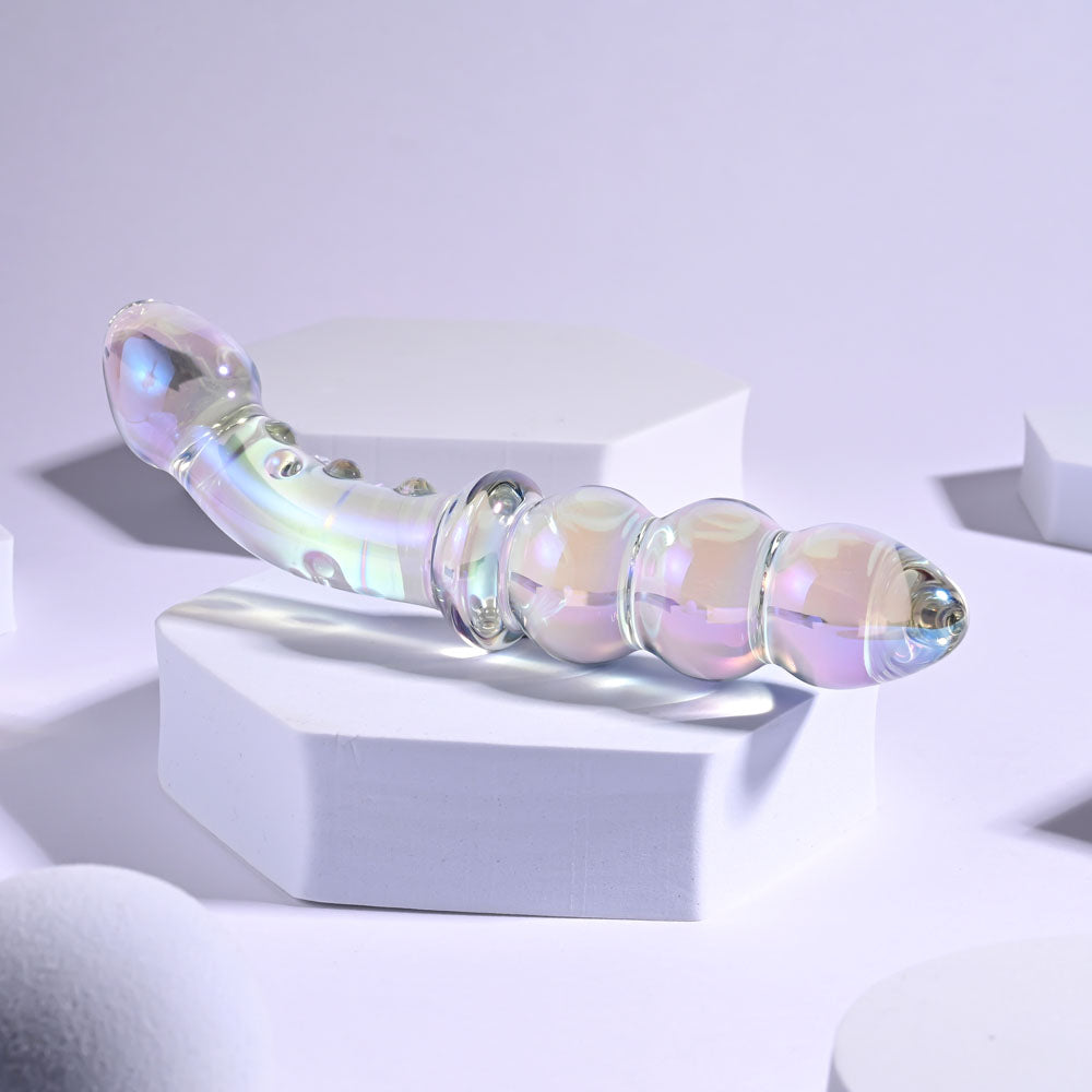 Playboy Pleasure JEWELS DOUBLE -  Glass 17.1 cm Double Ended Dildo on display with a shiny iridescent finish.