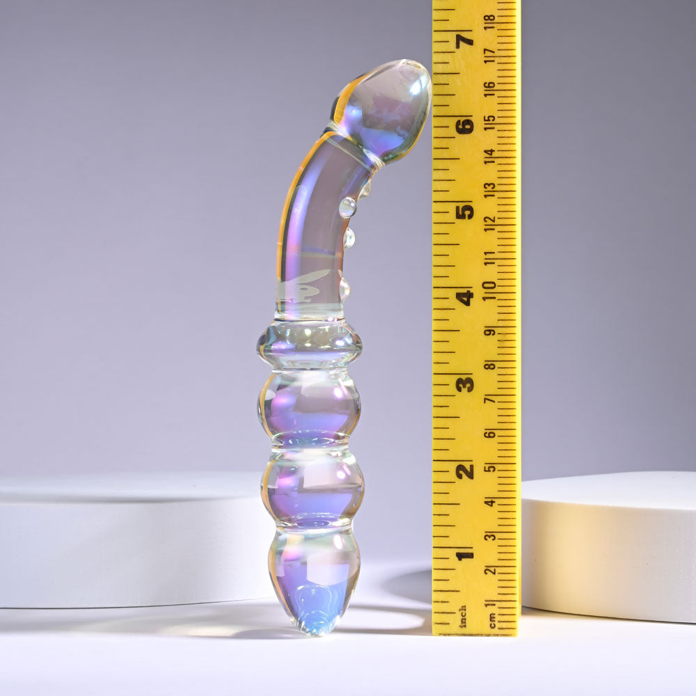 Playboy Pleasure JEWELS DOUBLE -  Glass 17.1 cm Double Ended Dildo displayed next to a ruler for size reference.