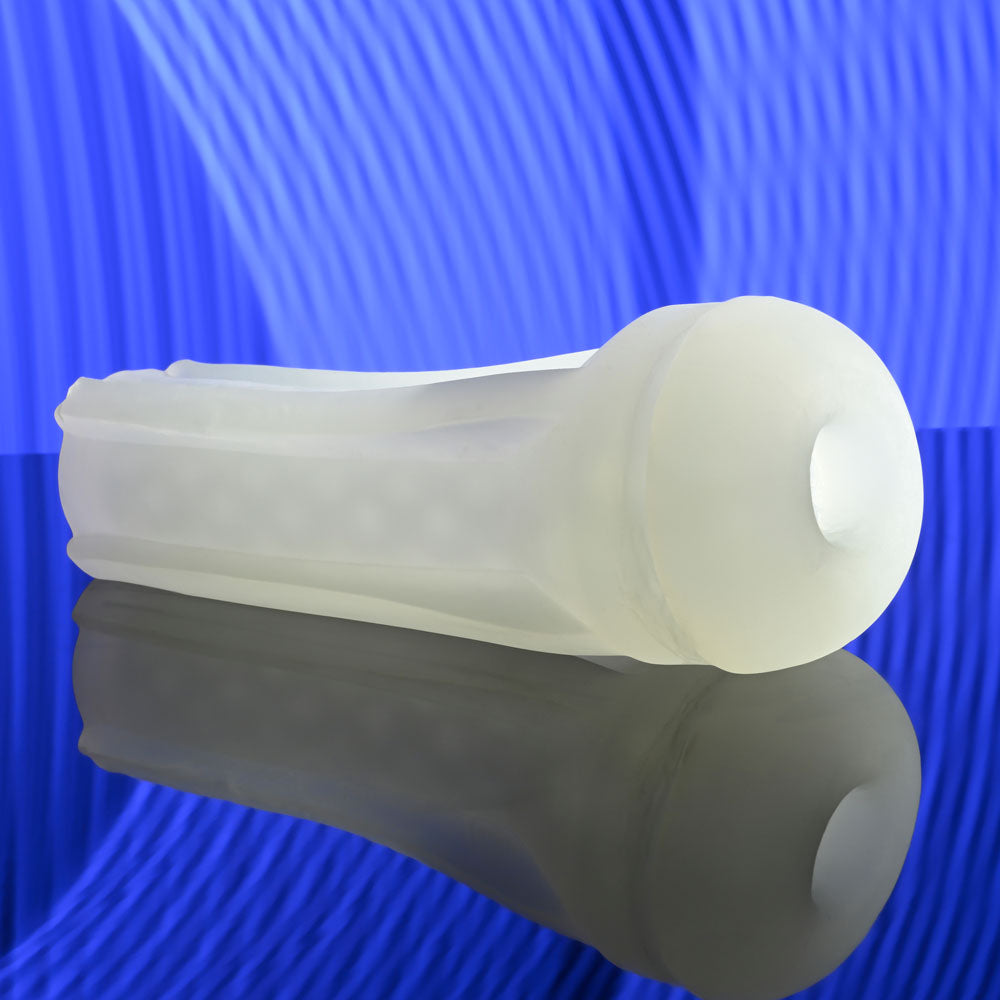 Playboy Pleasure THE URGE LARGE - Clear Stroker on reflective surface with blue wavy background.