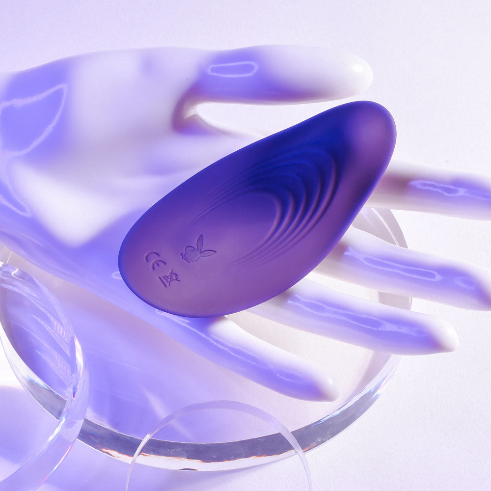 Playboy Pleasure OUR LITTLE SECRET -  USB Rechargeable Panty Vibrator with Wireless Remote Control on a hand.