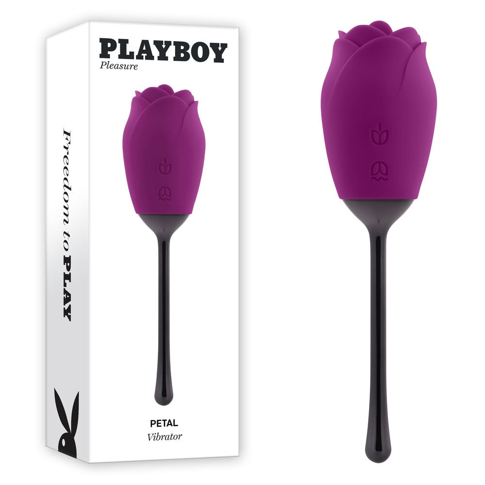 Playboy Pleasure PETAL - USB Rechargeable Flicking Stimulator in purple with box, perfect for intimate essentials for her.