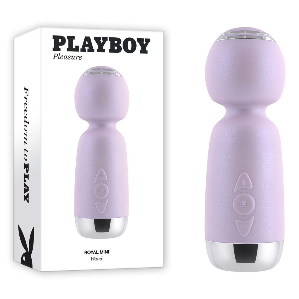 Playboy Pleasure ROYAL MINI - Lilac 12.5 cm USB Rechargeable Mini Wand Vibrator on display with packaging.