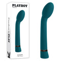 Playboy Pleasure On The Spot G-Spot vibrator in teal with packaging, showcasing its unique curved design.