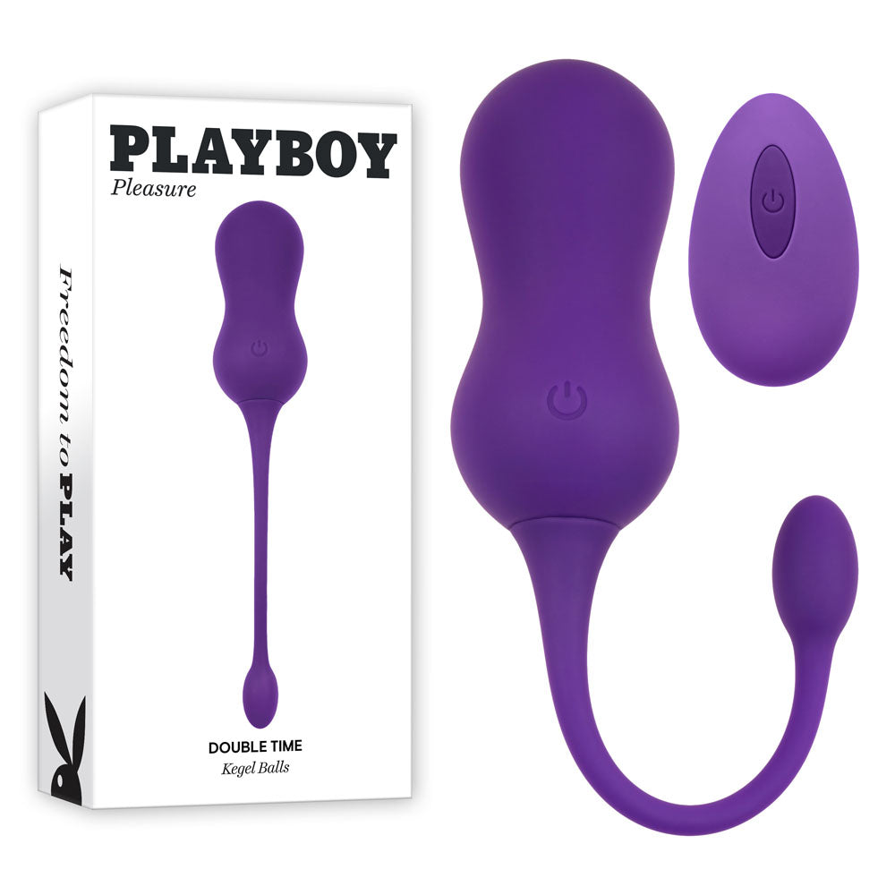 Playboy Pleasure DOUBLE TIME -  USB Rechargeable Vibrating Kegel Balls in purple with retrieval cord and remote control.