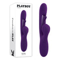 Playboy Pleasure THE THRILL USB rechargeable rabbit vibrator in purple packaging with a unique design.