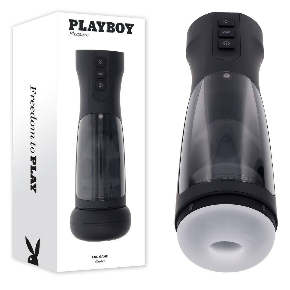Playboy Pleasure END GAME - USB Rechargeable Vibrating & Self Sanitising Stroker in elegant black design.