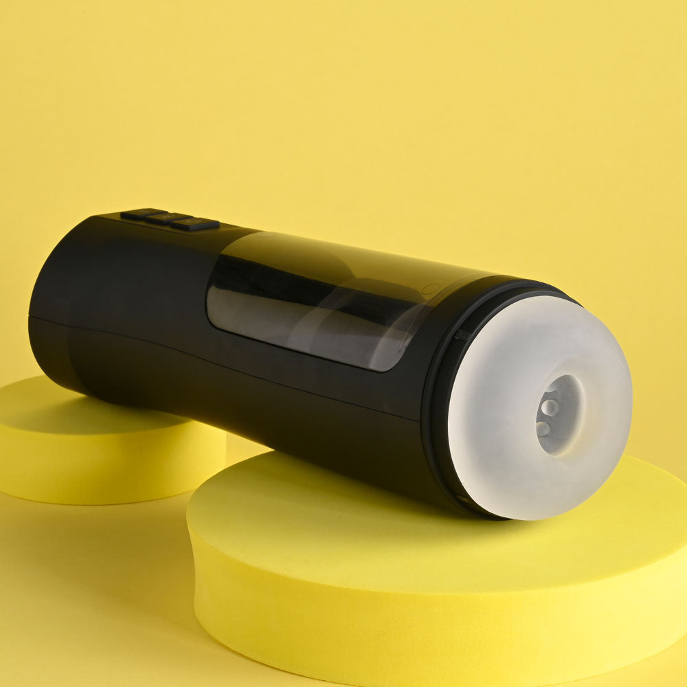 Playboy Pleasure END GAME - USB Rechargeable Vibrating & Self Sanitising Stroker on yellow background.