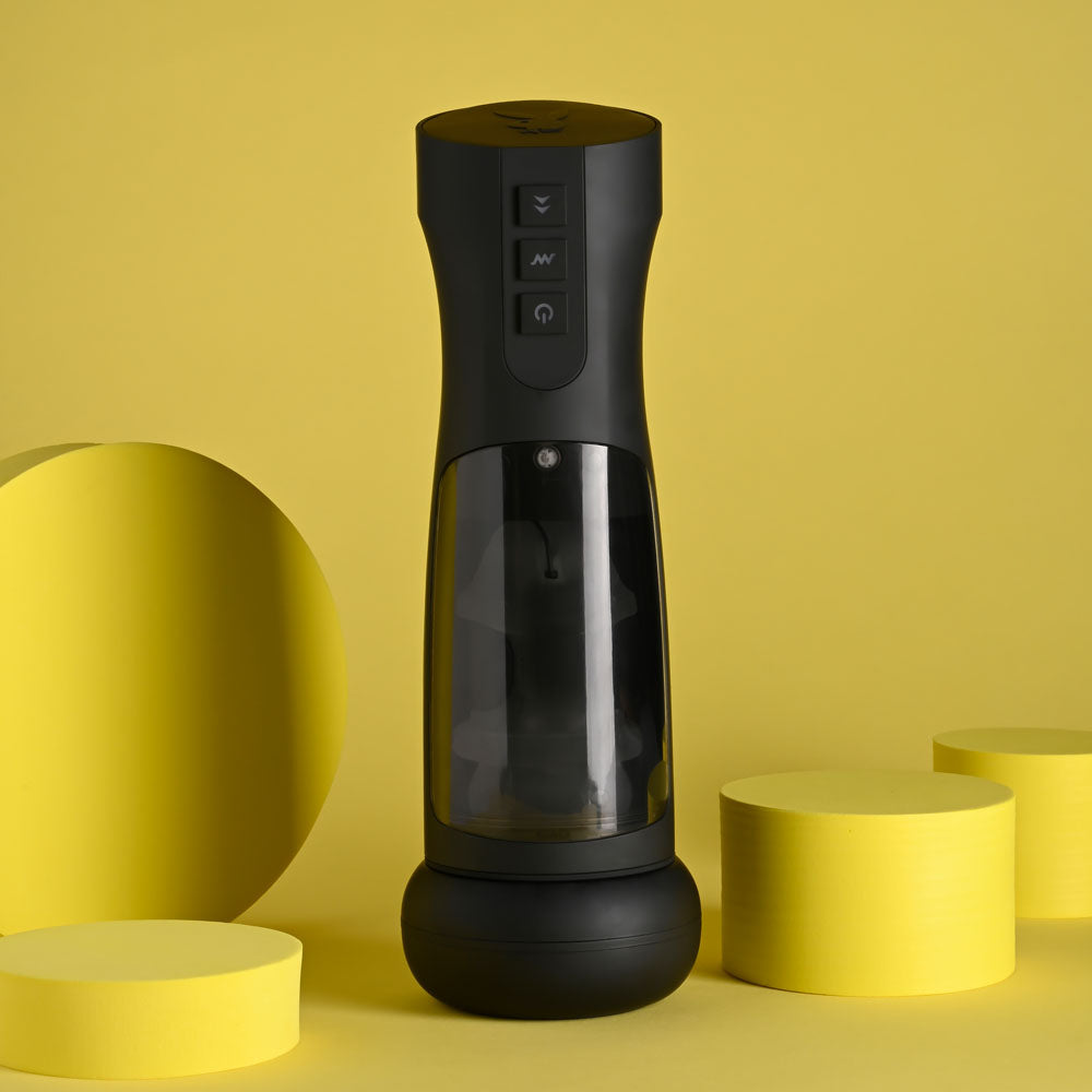 Playboy Pleasure END GAME - USB Rechargeable Vibrating & Self Sanitising Stroker displayed against a yellow background.