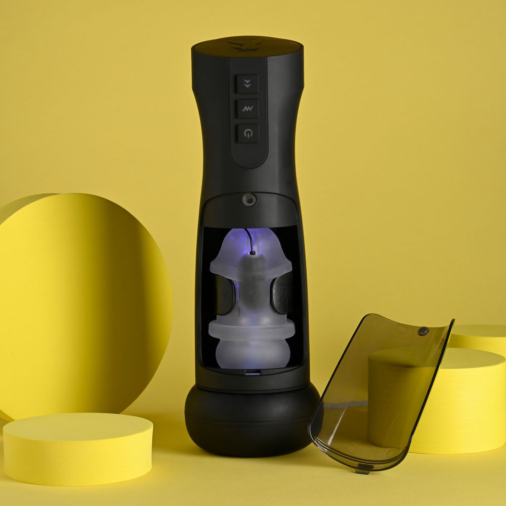 Playboy Pleasure END GAME - USB Rechargeable Vibrating & Self Sanitising Stroker with textured inner sleeve.