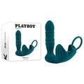 Playboy Pleasure BRING IT ON - Teal USB Rechargeable Thrusting Anal Plug with Cock Ring in its packaging.