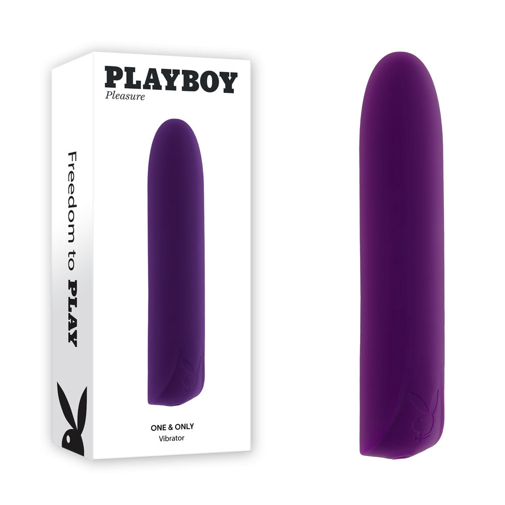 Playboy Pleasure ONE & ONLY - 12 cm USB Rechargeable Bullet vibrator in purple packaging for intimate essentials.