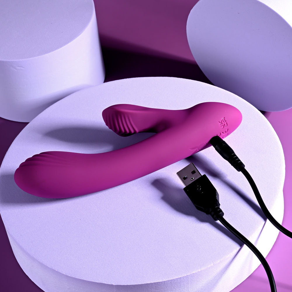 Playboy Pleasure BITTY BUNNY -  14.7 cm USB Rechargeable Rabbit Vibrator on a white display with charging cable.