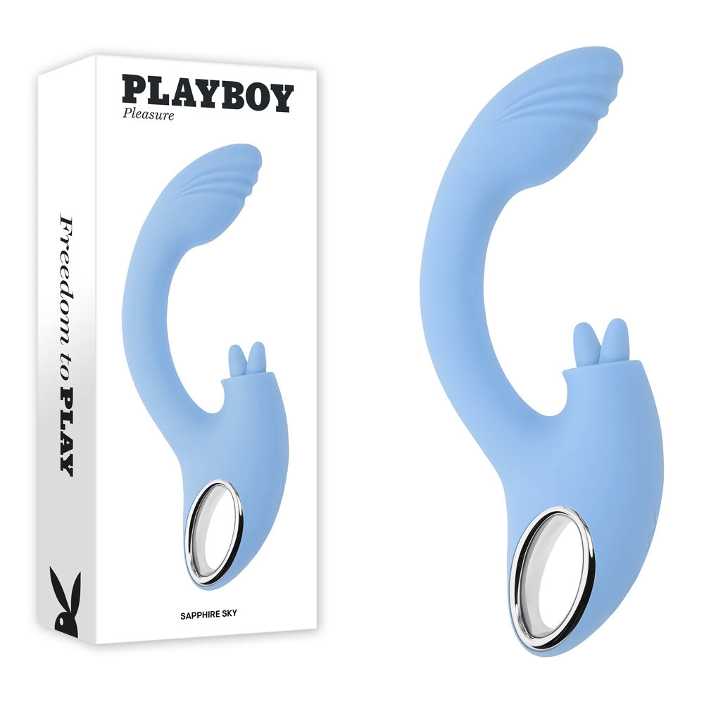 Playboy Pleasure SAPPHIRE SKY - 21.6 cm USB Rechargeable Vibrator with Double Tongue Stimulator in blue packaging.