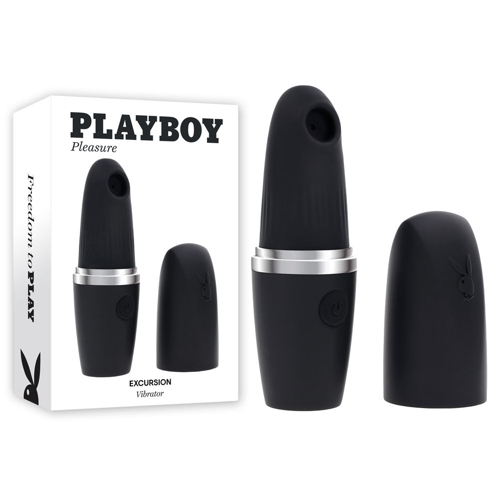 Playboy Pleasure EXCURSION USB rechargeable suction stimulator in sleek black design with stylish packaging.