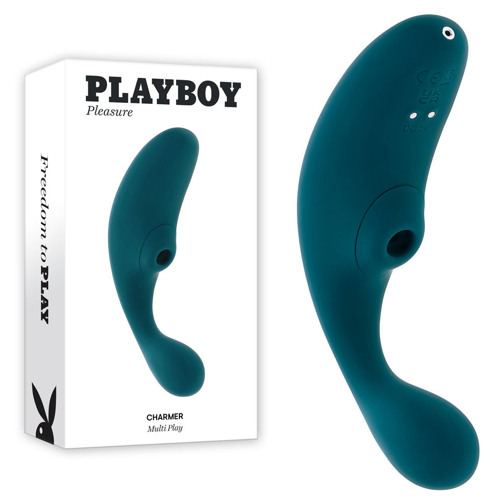 Playboy Pleasure CHARMER - USB Rechargeable Vibrator with Clitoral Suction and packaging, perfect for intimate essentials for her.