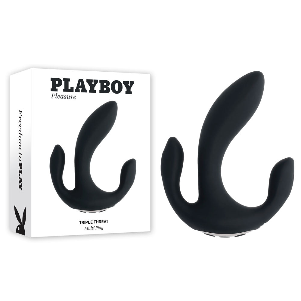 Playboy Pleasure TRIPLE THREAT - USB rechargeable triple probe vibrator showcased with packaging.