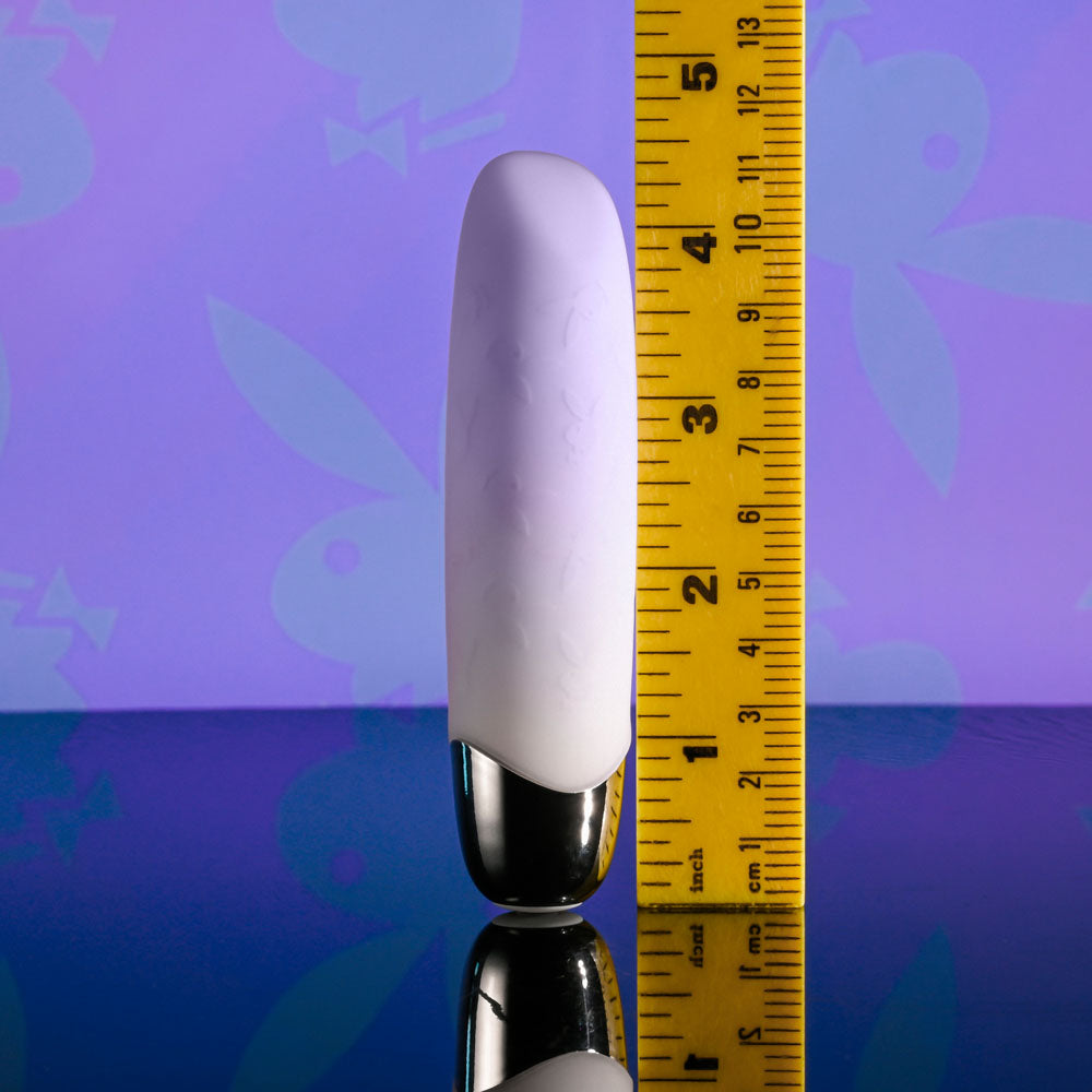 Playboy Pleasure BUNNY BUNCH - Pearl 11.3 cm USB Rechargeable Bullet next to a ruler for size reference.