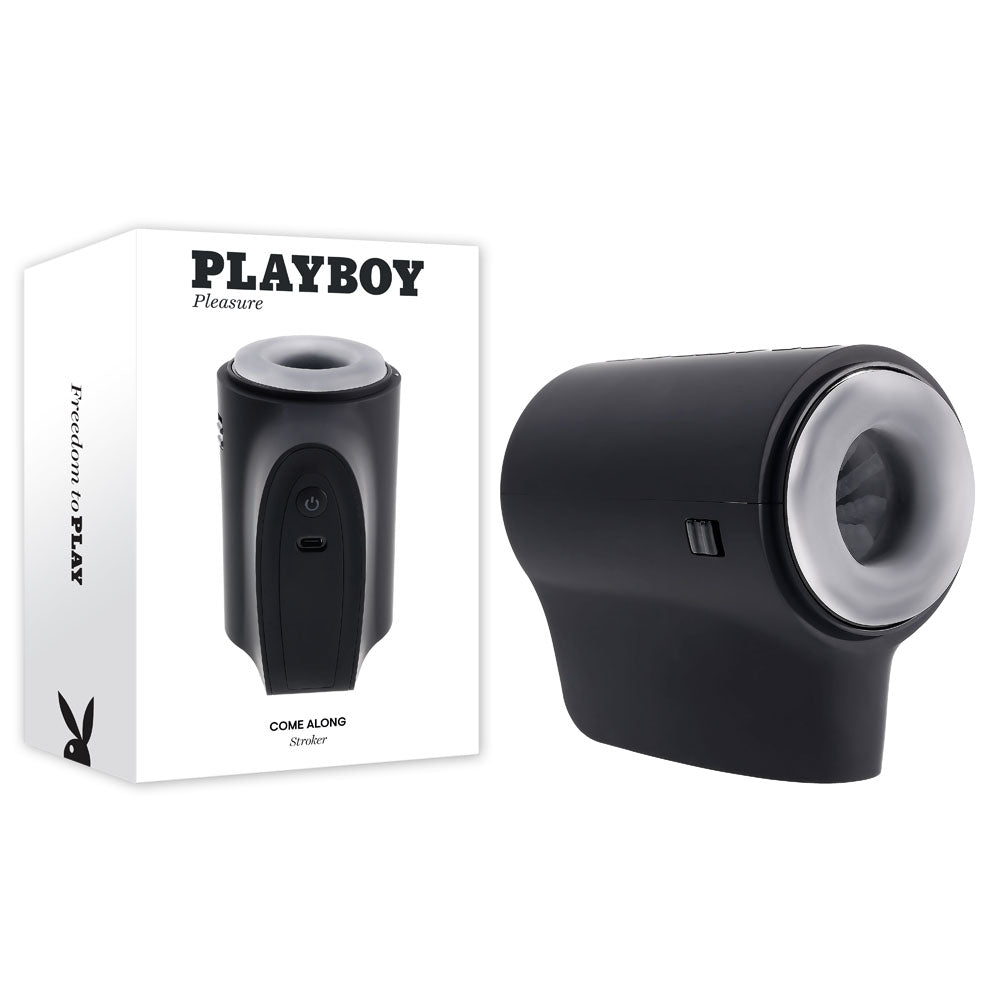 Playboy Pleasure COME ALONG - USB Rechargeable Vibrating Stroker with packaging, showing sleek design and soft entry.