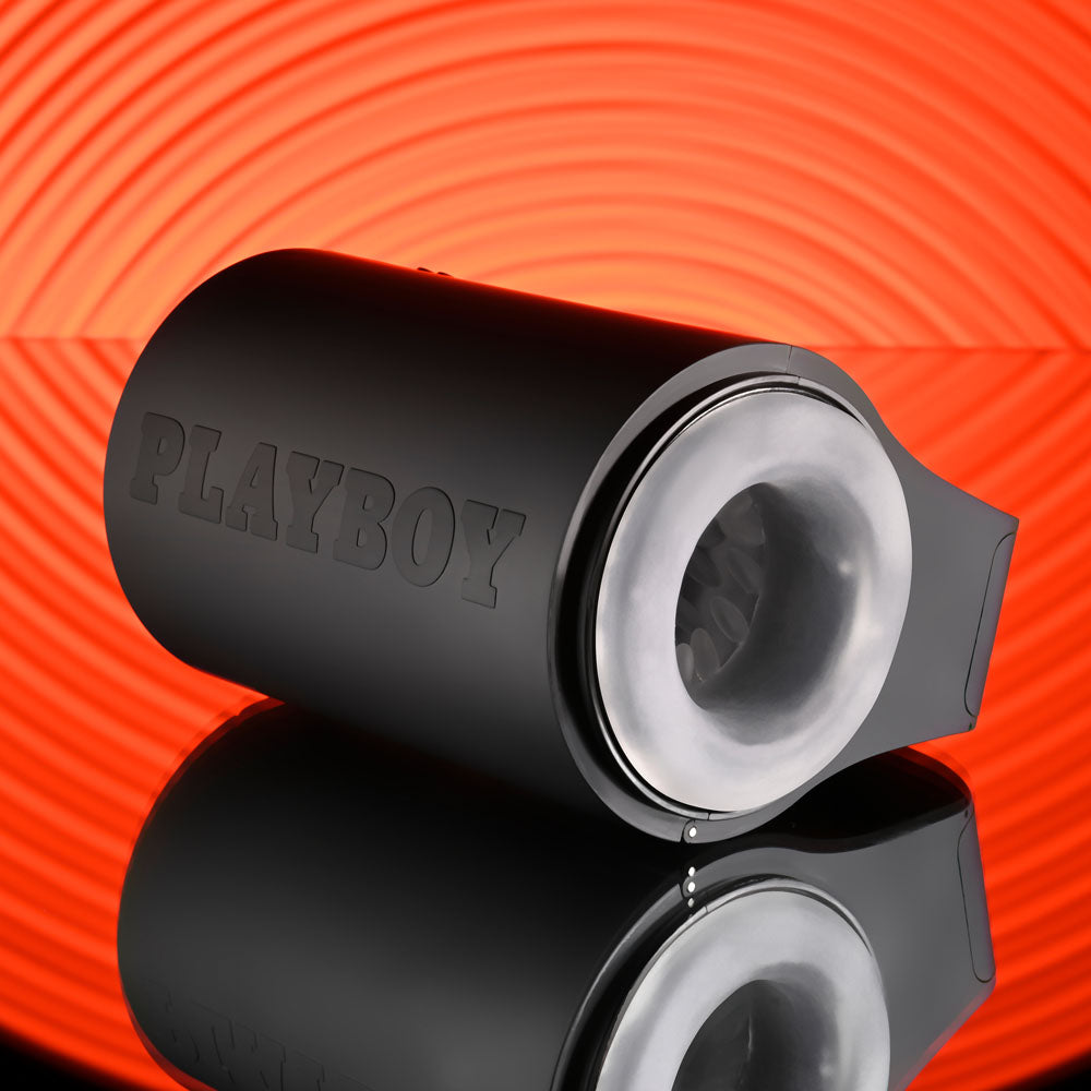 Playboy Pleasure COME ALONG - USB Rechargeable Vibrating Stroker with sleek design and dual soft entries.