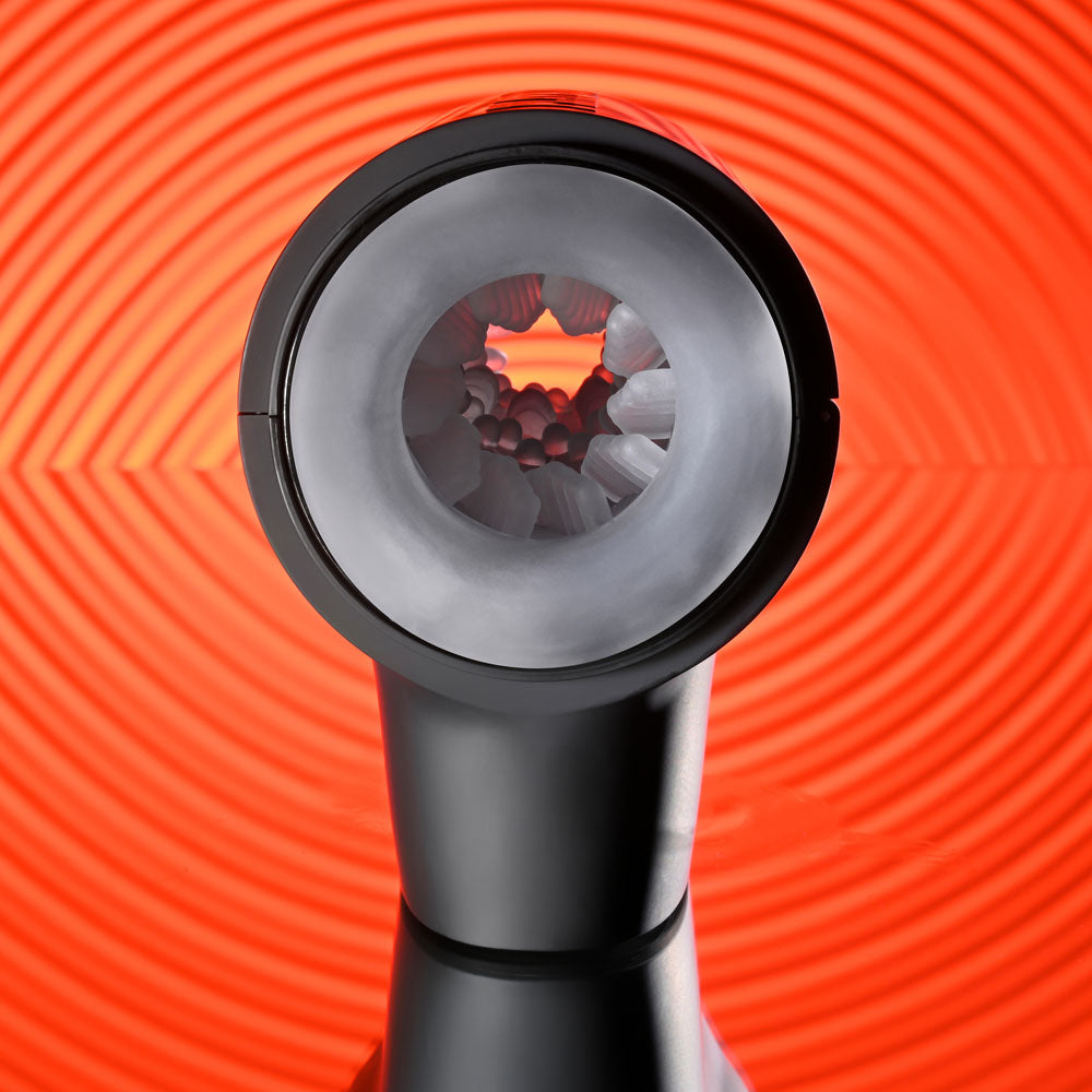 Playboy Pleasure COME ALONG - USB Rechargeable Vibrating Stroker interior view with nubbed textures for pleasure.