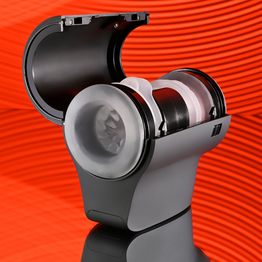 Playboy Pleasure COME ALONG - USB Rechargeable Vibrating Stroker with dual entries and lifelike textures for pleasure.
