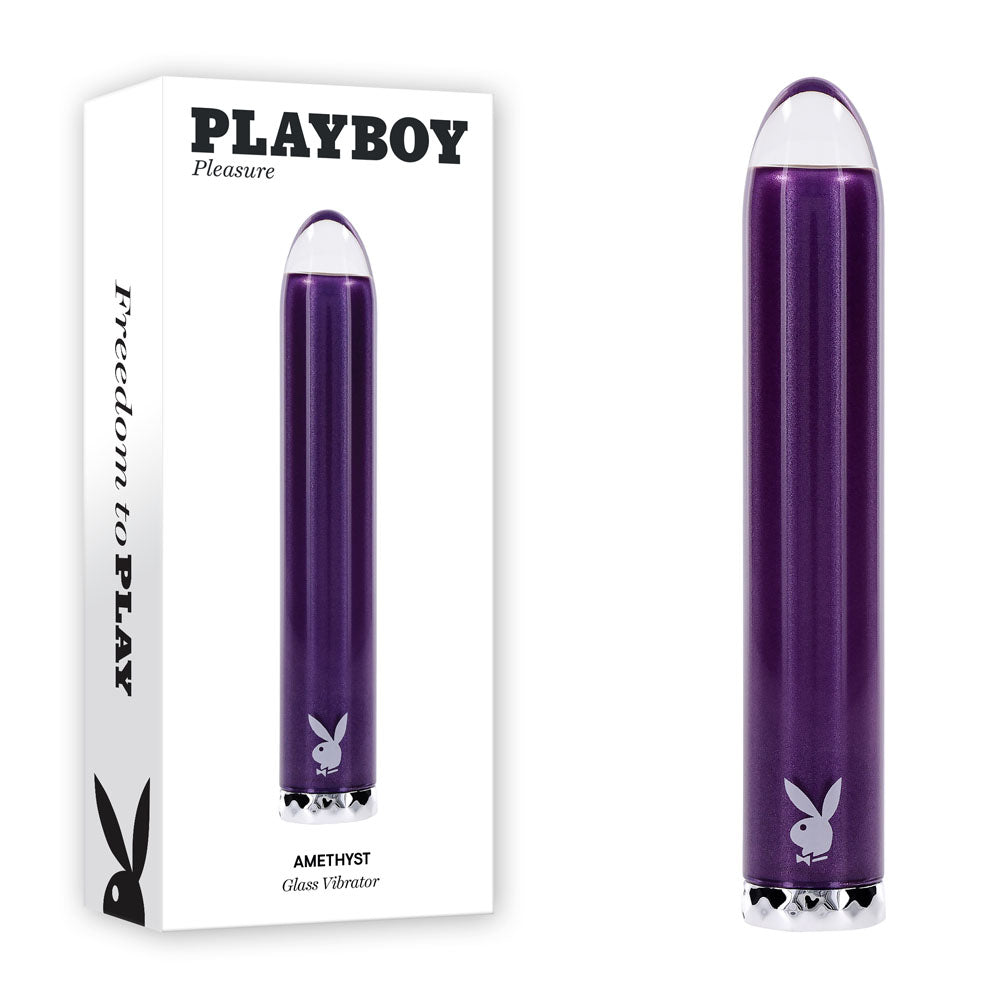 Playboy Pleasure AMETHYST - 12.4 cm USB Rechargeable Glass Tipped Mini Vibrator in purple, showcasing sleek design and packaging.