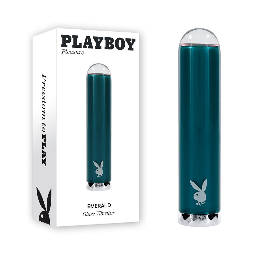 Playboy Pleasure EMERALD - 9.1 cm USB Rechargeable Glass Tipped Bullet in packaging with sleek design.