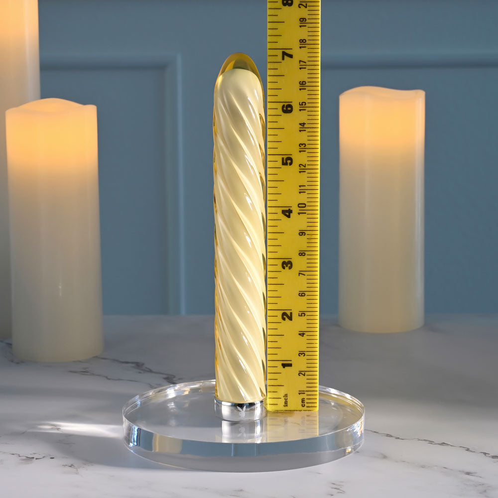 Playboy Pleasure TWIST OF FATE - Glass 17.5 cm USB Rechargeable Vibrator displayed next to a measuring tape.