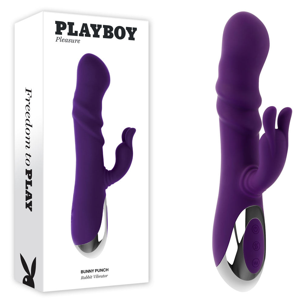 Playboy Pleasure BUNNY PUNCH - 24.4 cm USB Rechargeable Twirling Rabbit Vibrator with ergonomic design and packaging.
