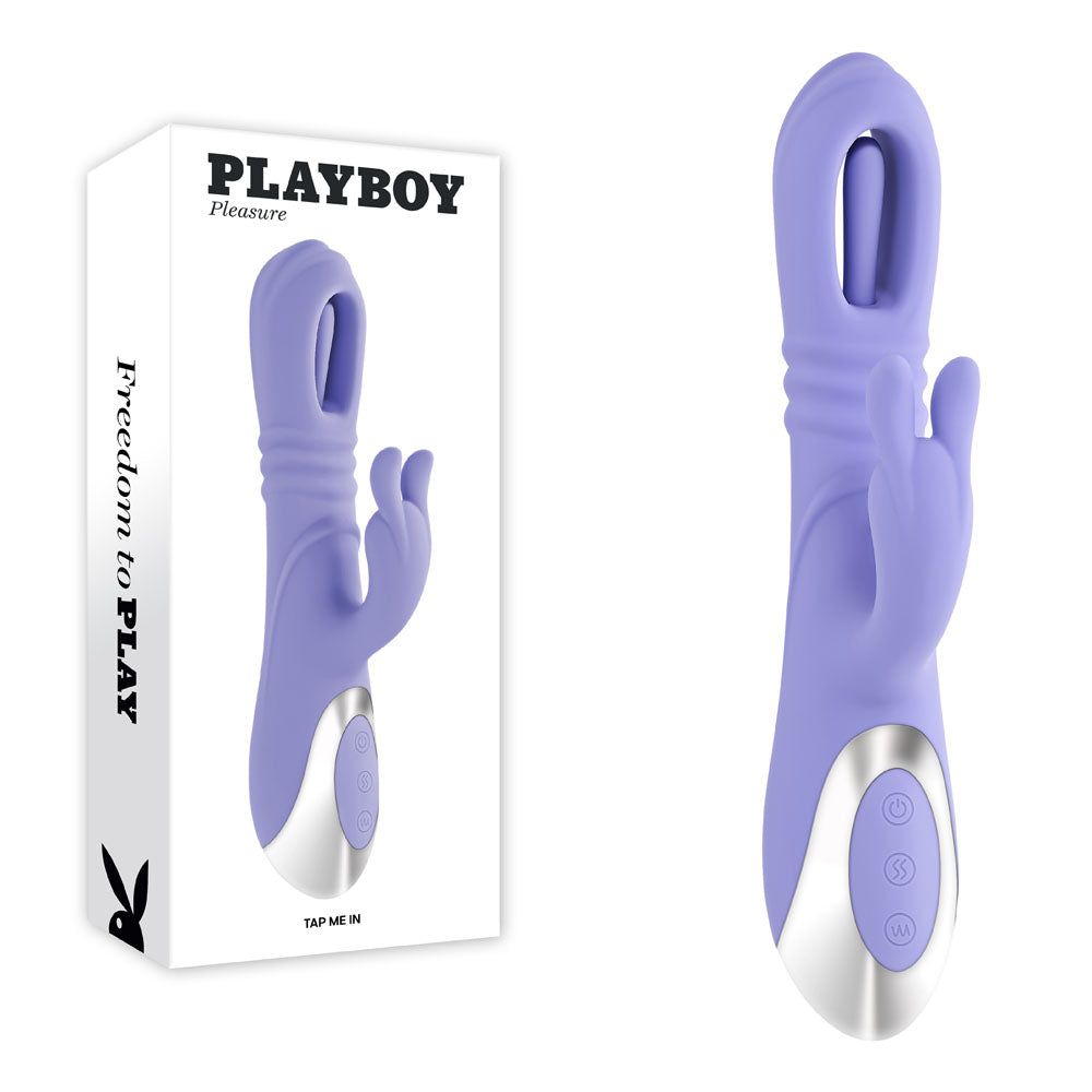 Playboy Pleasure TAP ME IN USB rechargeable rabbit vibrator with tapping shaft, designed for intense pleasure.