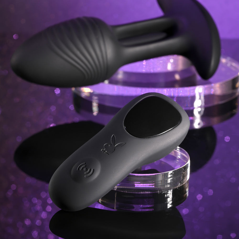 Playboy Pleasure RIM SHOT -  11.4 cm USB Rechargeable Vibrating Butt Plug with remote on display.