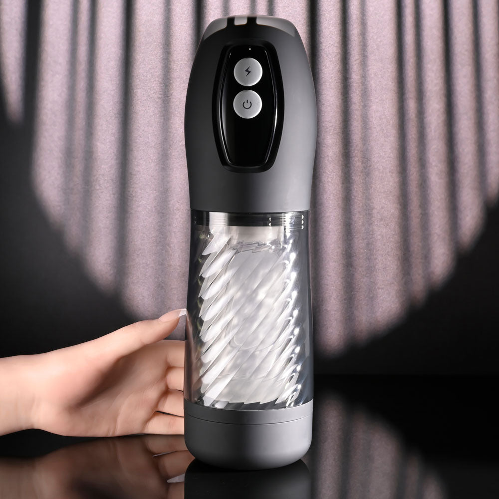 Playboy Pleasure WHIRLWIND - USB Rechargeable Thrusting and Spinning Auto Stroker on a sleek black background.