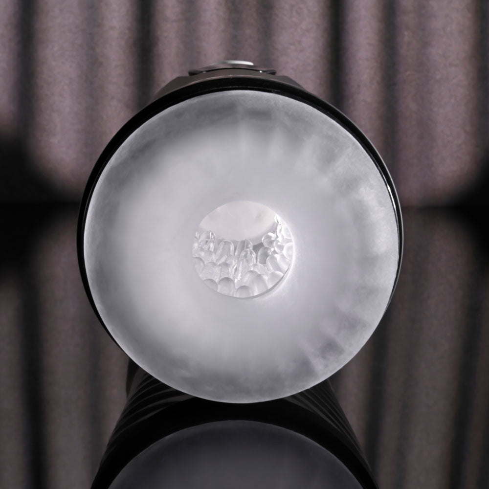 Playboy Pleasure WHIRLWIND - USB Rechargeable Thrusting and Spinning Auto Stroker top view showing realistic inner channel.