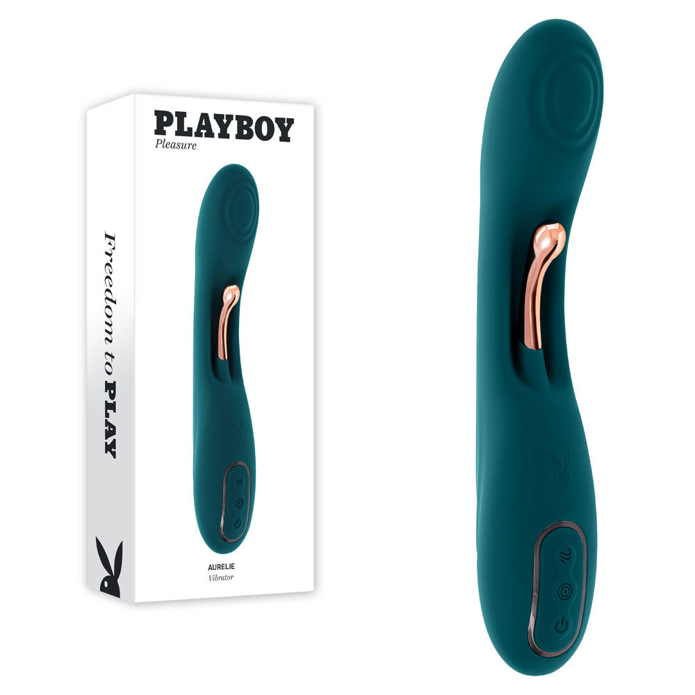 Playboy Pleasure AURELIE - 22.7 cm USB Rechargeable Vibrator with Internal Flicker and packaging displayed.
