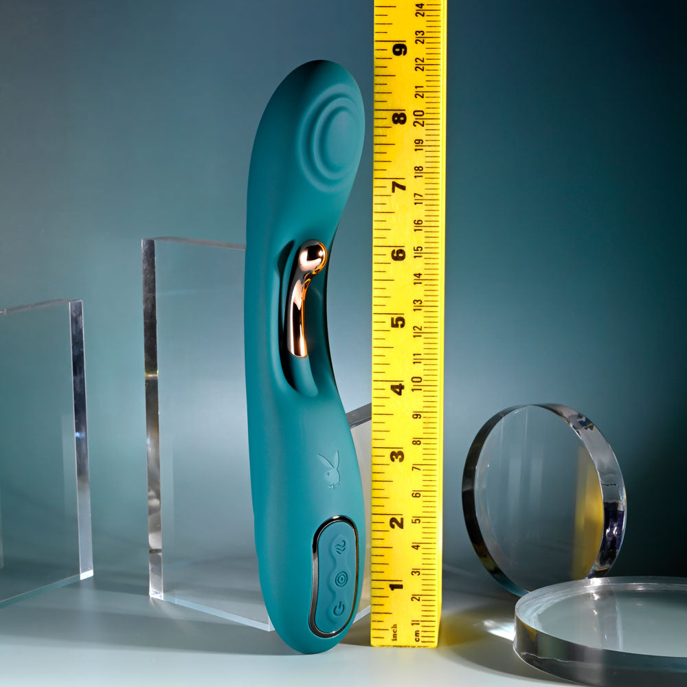 Playboy Pleasure AURELIE - 22.7 cm USB Rechargeable Vibrator with Internal Flicker next to a measuring tape.