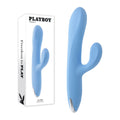 Playboy Pleasure UP AND AWAY - 26.7 cm USB rechargeable rabbit vibrator in blue with box design.