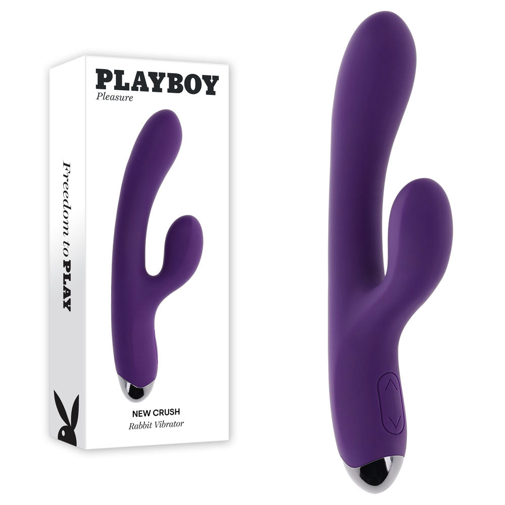 Playboy Pleasure NEW CRUSH - 20.6 cm USB Rechargeable Rabbit Vibrator in purple with elegant packaging.