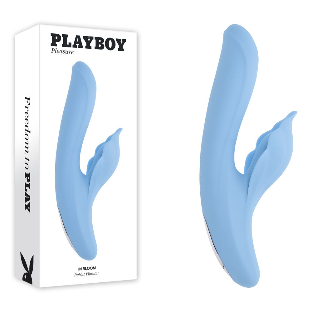 Playboy Pleasure IN BLOOM -  23.5 cm USB Rechargeable Thrusting Tapping & Heating Dual Vibrator in blue packaging.