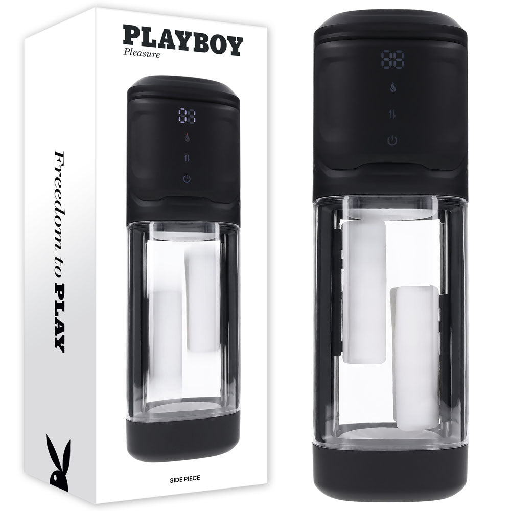 Playboy Pleasure SIDE PIECE - USB Rechargeable Warming Auto Stroker with packaging, showcasing its unique sliding feature.