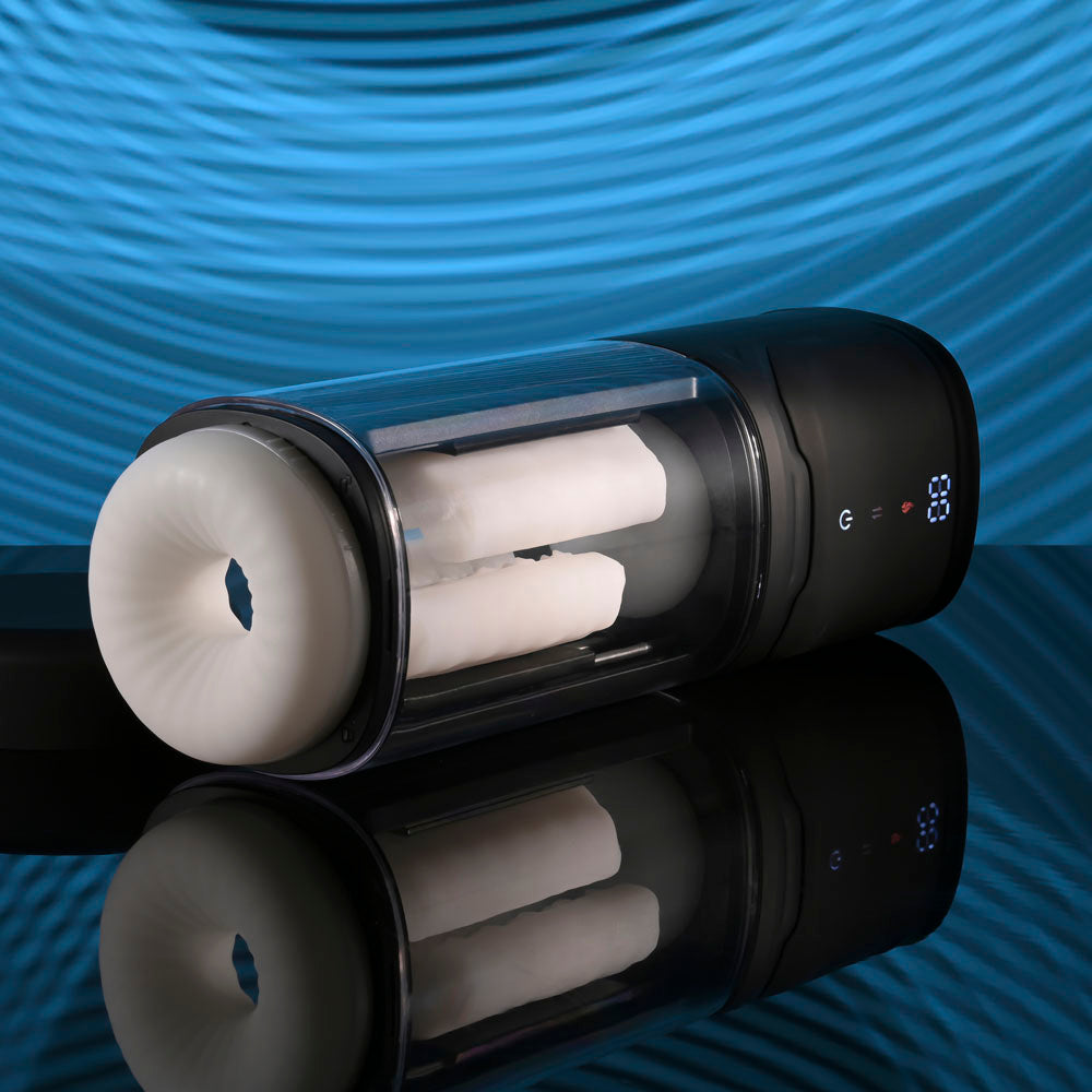 Playboy Pleasure SIDE PIECE - USB Rechargeable Warming Auto Stroker showcasing realistic sliding pads in a sleek design.